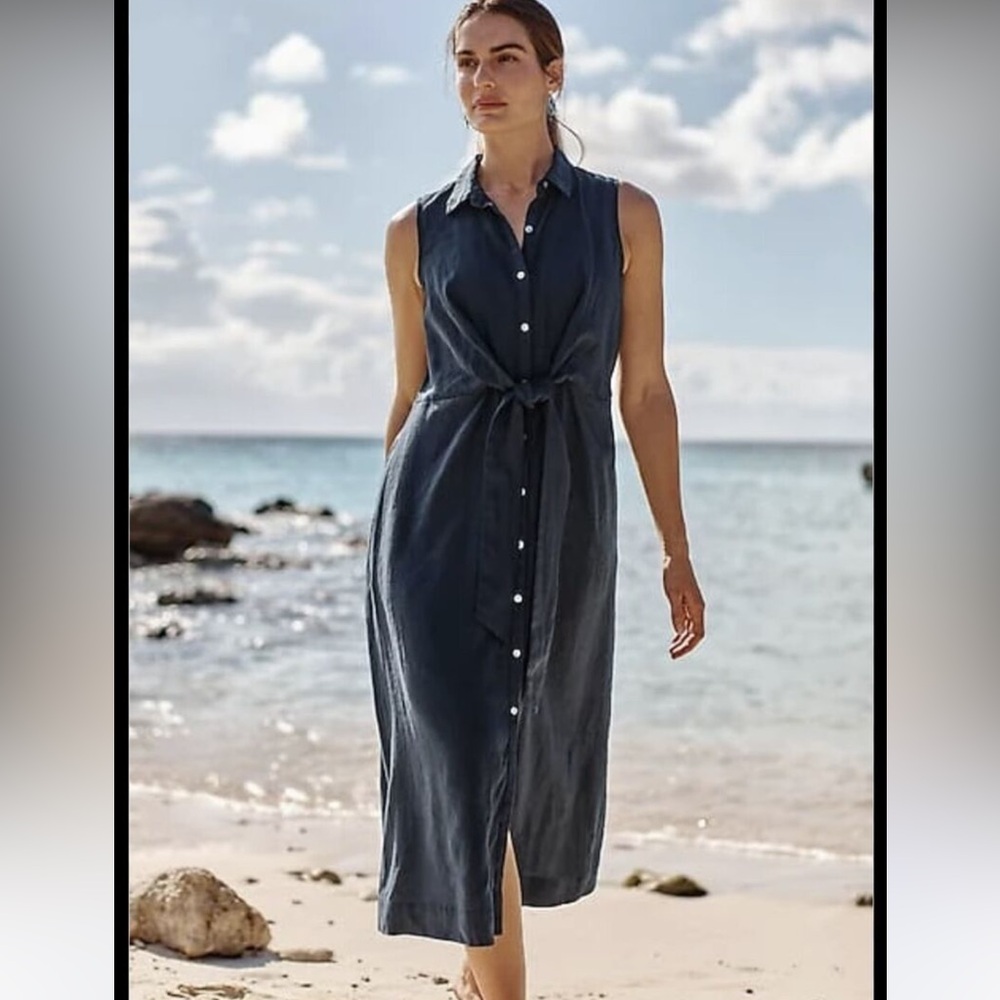 J. Jill 100% linen Sleeveless Navy Blue Button-Down Dress LP